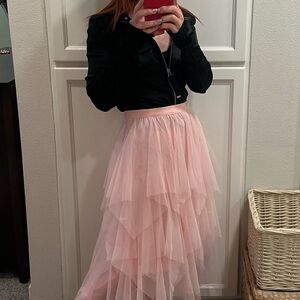 Layered Pink Tulle Midi Skirt with High-Low Hem